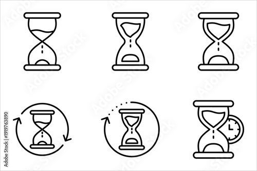 anti-aging hourglass line icon set, simple standby waiting slow down flat design vector illustration on white background.