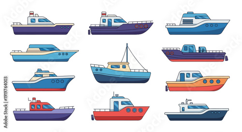 Collection of cartoon boats various designs in different colors on white