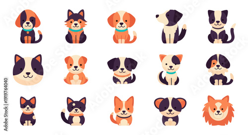 Collection of cartoon dogs in various poses for design and illustration