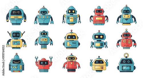 Collection of cartoon robot characters in various designs isolated
