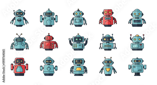 Collection of cartoon robot illustrations with various poses and designs