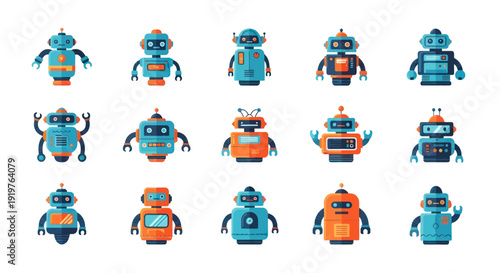 Collection of cartoon robots in various designs for technology and science