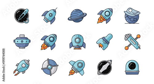 Collection of cartoon space rockets and celestial elements illustrations