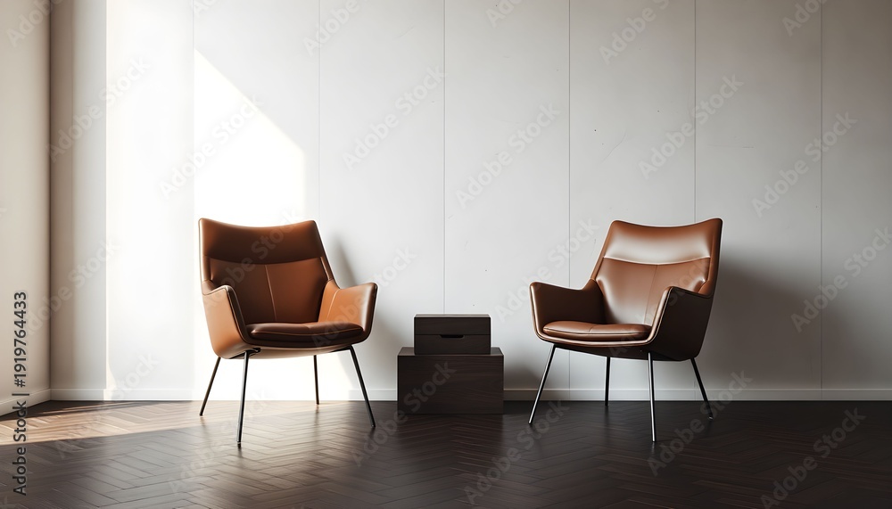 Obraz premium Two modern leather chairs sit in a minimalist room with sunlight casting shadows on the wall.