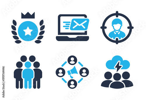 Target Audience and Team Communication icon set. Solid glyph series icons