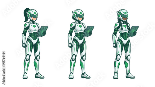 Diverse Female Tech Operatives in Futuristic Green & White Suits with Tablets