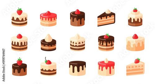 Collection of colorful cakes with various flavors and decorations on white
