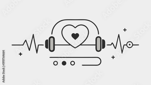 Minimalist Audio Player Interface with Heartbeat Waveform and Headphone Silhouette