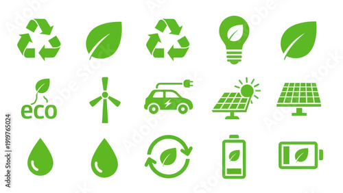 Green Eco Icons Set for Sustainable Energy and Environment.