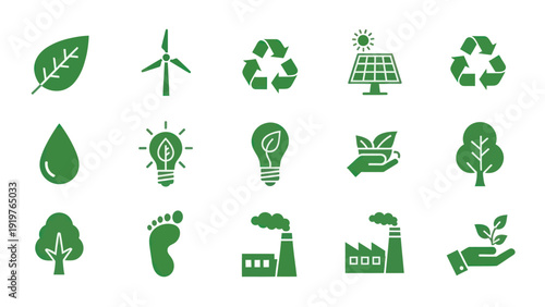 Green Ecology and Environment Icons Set for Sustainable Living.