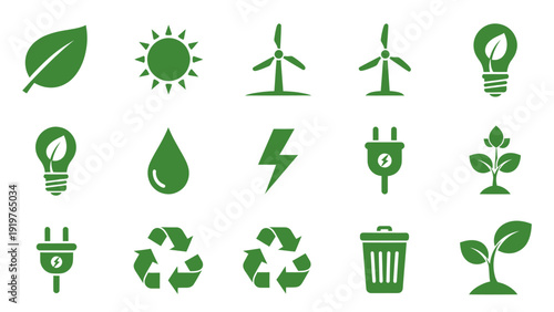 Green Energy and Ecology Icons Set for Sustainable Future.