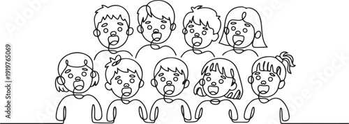 Continuous one line drawing of Kids singers in choir . Cute children sing song together. one line art icon drawing vector