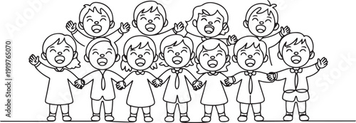 Continuous one line drawing of Kids singers in choir . Cute children sing song together. one line art icon drawing vector
