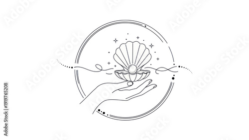 Hand holding an open seashell with a pearl inside, line art illustration.