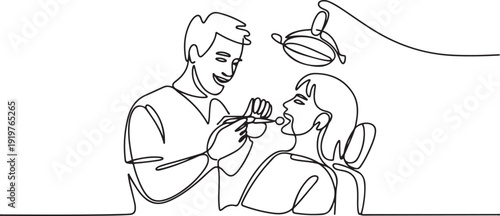 Single continuous line drawing of young happy male dentist examining girl patient condition at dental clinic. one line art icon drawing vector