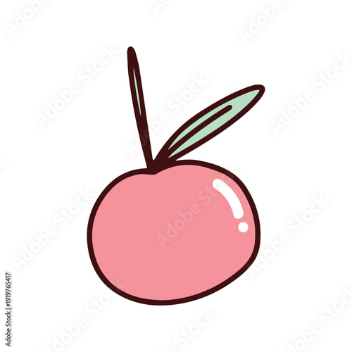 A single, stylized pink cherry with a green stem and leaf, drawn in a cartoonish style. coloring apple