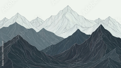Majestic Mountain Range Landscape with Towering Peaks and Valleys.