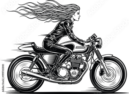 Dynamic black and white illustration of a female biker with long flowing hair riding a classic cafe racer motorcycle.