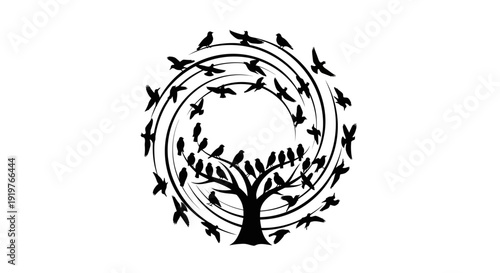 Black silhouette of tree with birds flying around it in circular motion.