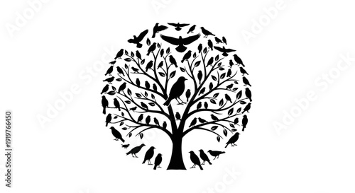 Black silhouette of a tree with birds flying around it.