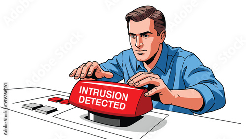 Man preparing to press 'Intrusion Detected' button, symbolizing security alert and cyber threat response