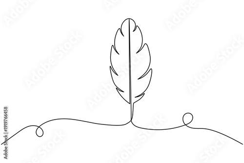 Minimalist bird feather continuous one line drawing. Elegant black line art illustration on a clean white background for modern aesthetic design projects.