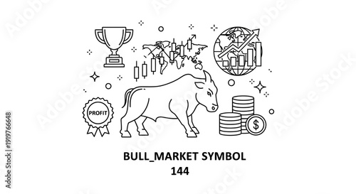 Bull market concept illustrated with financial symbols and business icons