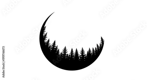 Crescent Moon Silhouette with Forest Trees Illustration.