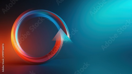 Abstract glowing circular arrow on dark blue and red background, concept of process, update, restart, recycling, loop, synchronization, and continuous improvement in technology