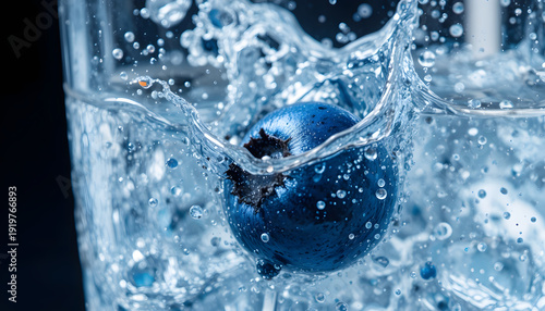 Blueberry Plunging Into Soda Water Glass With Bubbles And Splash