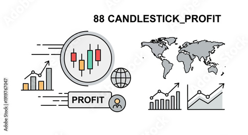 Financial analysis illustration with charts graphs and candlestick representation