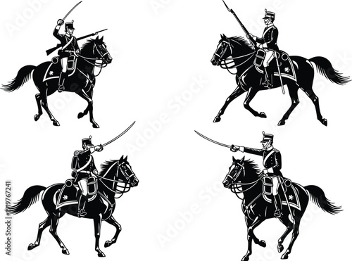 Set of cavalry soldier silhouettes on horseback with swords, historical military warriors in action poses, black vintage illustration isolated on white background