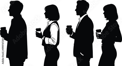 Business people silhouettes holding coffee cups in profile view, modern office lifestyle concept, men and women standing in line, black figures isolated on white background