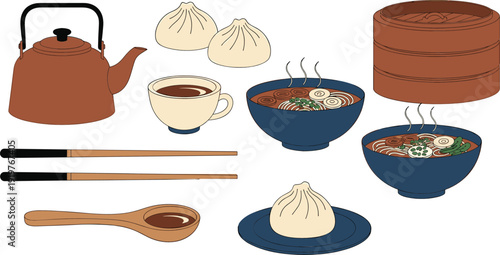 Asian food vector set with dumplings, ramen bowls, chopsticks, teapot, bamboo steamer, and traditional dining elements