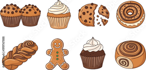 Bakery sweets vector set with muffins, cupcakes, cookies, donuts, cinnamon rolls, braided bread, and gingerbread illustration