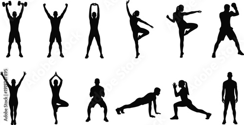 Tyrannosaurus rex dinosaur silhouettes collection showing different sizes and poses with human scale comparison, prehistoric predator concept, black shapes isolated on white background