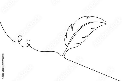 Minimalist bird feather continuous one line drawing. Elegant black line art illustration on a clean white background for modern aesthetic design projects.