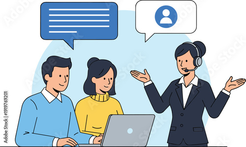 Customer support and online consultation vector illustration with headset operator helping clients using laptop and chat communication