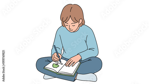 Young Person Drawing in Sketchbook Sitting Cross-Legged, Creative Hobby Illustration