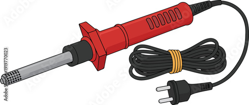 A digital illustration of a red electric soldering iron with a black power cord against a white background.