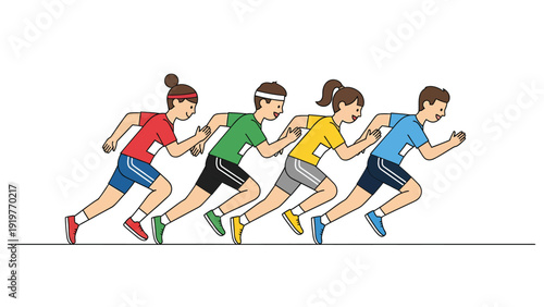 Diverse Cartoon Runners Sprinting in a Race. Athletes Competing at the Starting Line. Sport Competition Vector Illustration.