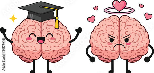 Cute brain character vector set showing intelligence, education, emotions, and mental health concepts in playful cartoon illustration style