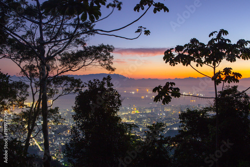 Panoramic view of Rio de Janeiro city lights at dawn framed by tropical forest trees, showing the Guanabara Bay and distant mountains under a colorful orange and purple twilight sky