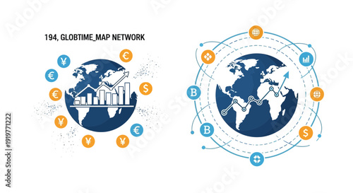 Global finance and cryptocurrency network illustration with world map and charts