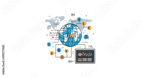 Global finance and trading concept graphic with world map and currency icons