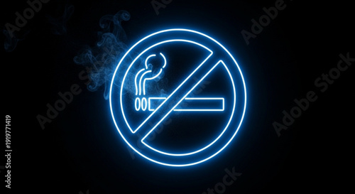 No smoking neon sign with glowing blue outline on dark background indicating prohibition
