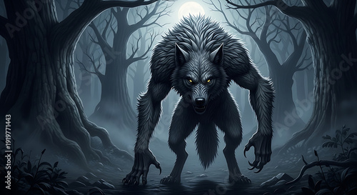 Terrifying werewolf creature standing in a dark forest.