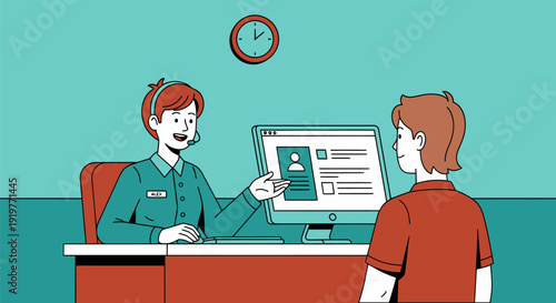 Customer service representative assisting a client with online profile.