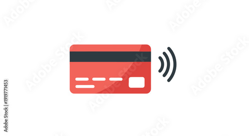 Contactless payment card transaction illustration with red card and signal waves