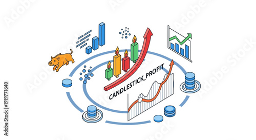 Isometric candlestick chart analysis with upward arrow financial growth concept